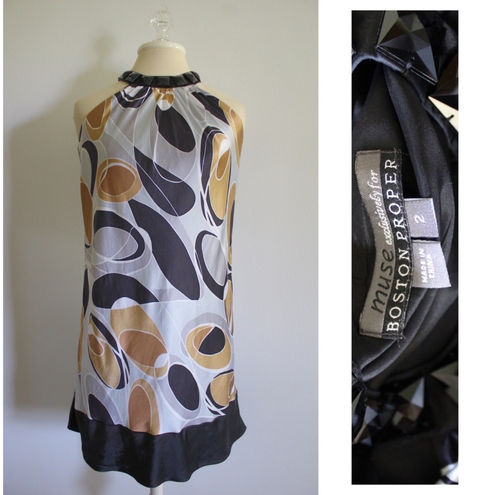 Muse x Boston Proper 100% Silk Retro 60s Silver Abstract Print Silk Dress 2